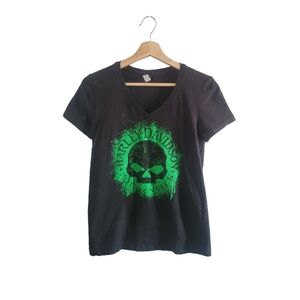 HARLEY DAVIDSON Womens Skull Graphic Black Tee V-neck Size S